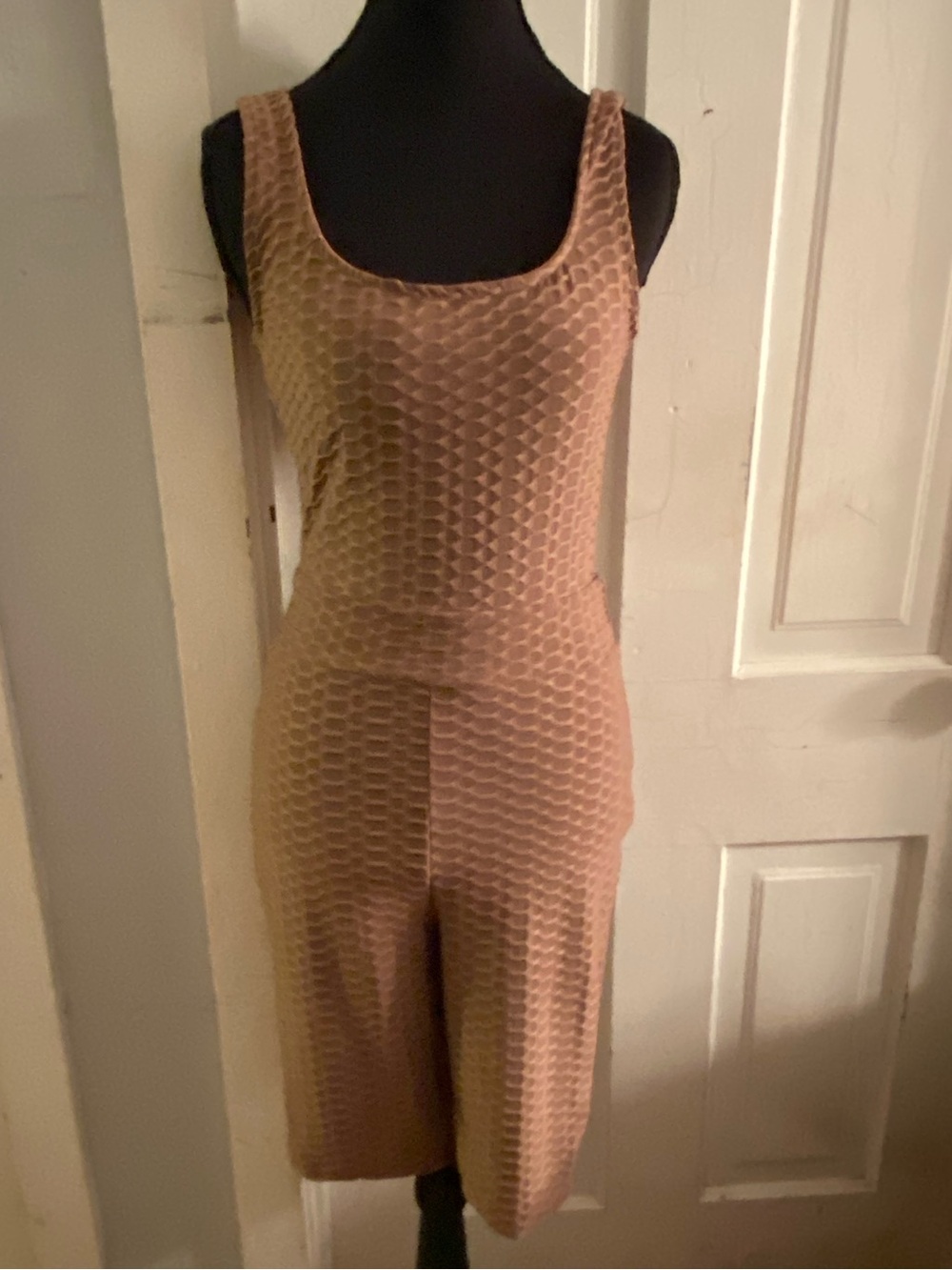 Sleeveless Textured Knit Romper in Beige